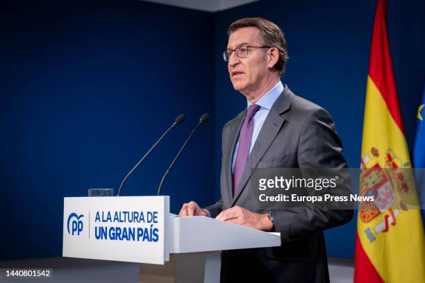 The president of the Popular Party , Alberto Nuñez Feijoo, appears to make an institutional statement to the media for the announcement of the...