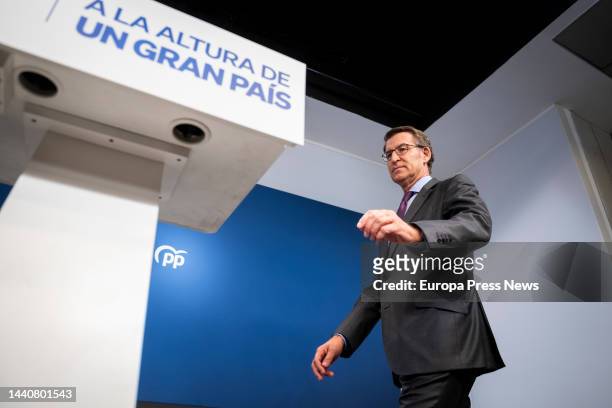 The president of the Popular Party , Alberto Nuñez Feijoo, on his arrival at a press conference to make an institutional statement to the media for...