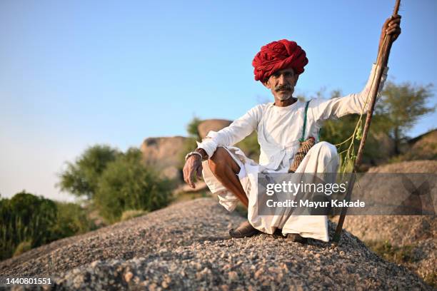 portrait of a senior rabari shepherd man, sitting with his guarding stick on a rock - nomad cattle herder from rajasthan stock-fotos und bilder