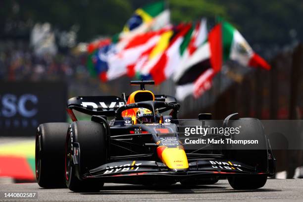 Max Verstappen of the Netherlands driving the Oracle Red Bull Racing RB18 in the Pitlane during practice ahead of the F1 Grand Prix of Brazil at...