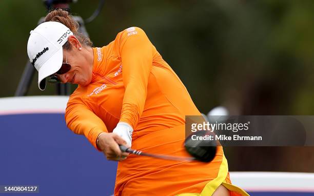 Maria Fassi of Mexico plays her shot from the 18th tee during the first round of the Pelican Women's Championship at Pelican Golf Club on November...