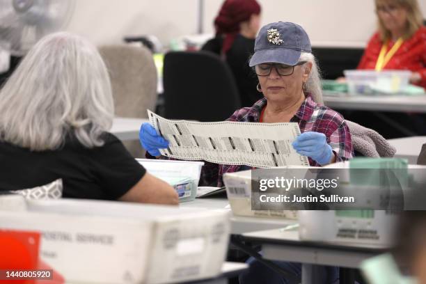 Election workers open mail in ballots at the Maricopa County Tabulation and Election Center on November 11, 2022 in Phoenix, Arizona. Ballots...