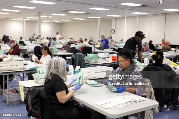 Election workers open mail in ballots at the Maricopa County Tabulation and Election Center on November 11, 2022 in Phoenix, Arizona. Ballots...