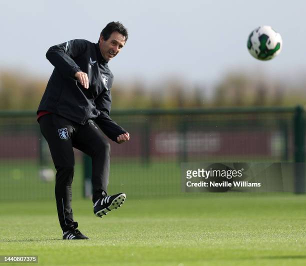 Unai Emery head coach of Aston Villa in action during a training session at Bodymoor Heath training ground on November 11, 2022 in Birmingham,...