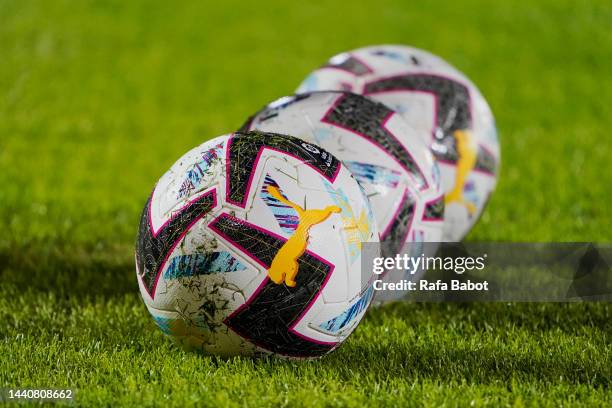 Detailed view of Puma Orbita official match ball of the La Liga season 22/23 prior to the LaLiga Santander match between RCD Mallorca and Atletico de...