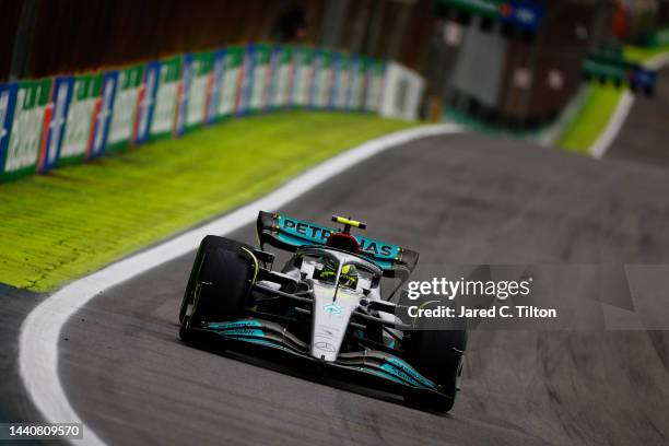 Lewis Hamilton of Great Britain driving the Mercedes AMG Petronas F1 Team W13 on track during qualifying ahead of the F1 Grand Prix of Brazil at...