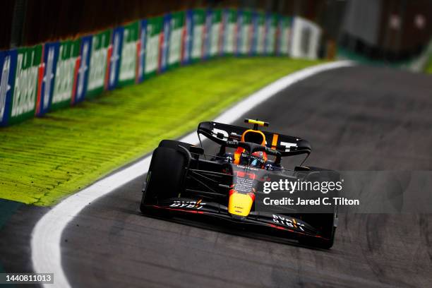 Sergio Perez of Mexico driving the Oracle Red Bull Racing RB18 on track during qualifying ahead of the F1 Grand Prix of Brazil at Autodromo Jose...