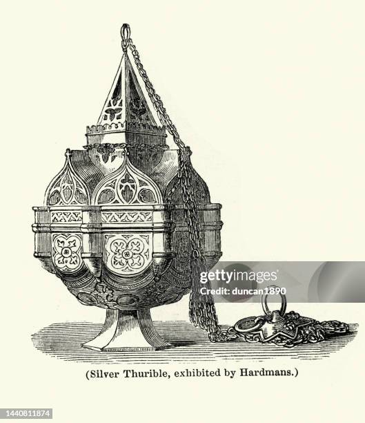 ornate sliver thurible, metal censer, incense burner, by hardmans, victorian silverware, 1840s, 19th century - incense stock illustrations