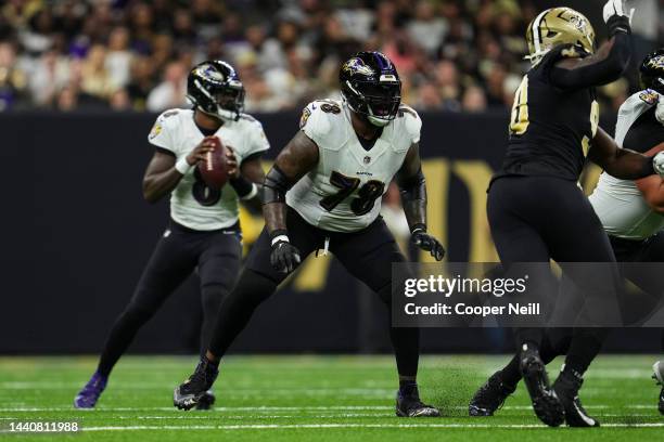 Morgan Moses of the Baltimore Ravens defends against the New Orleans Saints at Caesars Superdome on November 7, 2022 in New Orleans, Louisiana.