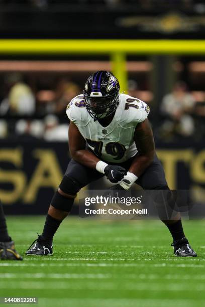 Ronnie Stanley of the Baltimore Ravens gets set against the New Orleans Saints at Caesars Superdome on November 7, 2022 in New Orleans, Louisiana.
