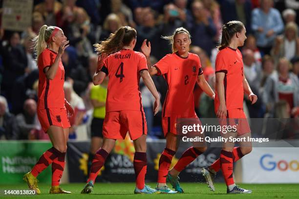 Rachel Daly of England Women celebrates with team mates after scoring her team's first goal during the International friendly match between England...
