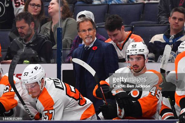 Head Coach John Tortorella of the Philadelphia Flyers reacts following a play during the second period of a game against the Columbus Blue Jackets at...