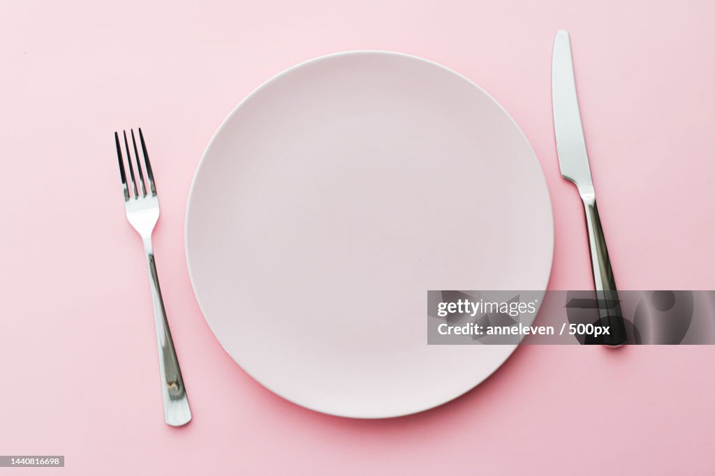 Empty Set Plate Empty Plate And Cutlery As Mockup Set On Pink Background Top High-Res ...