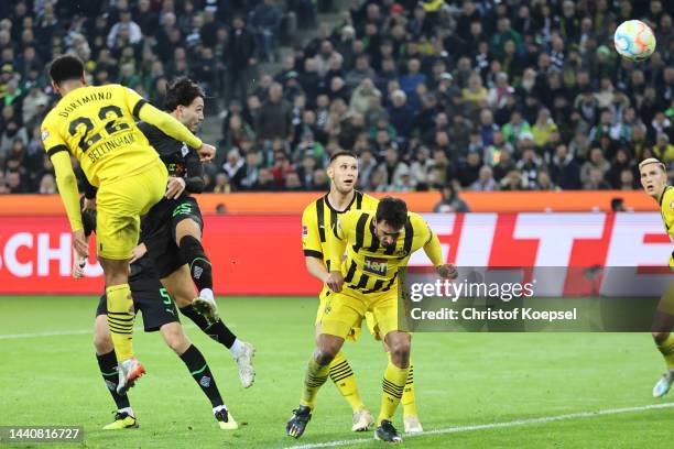 Ramy Bensebaini of Borussia Monchengladbach scores their side's second goal with a header during the Bundesliga match between Borussia...