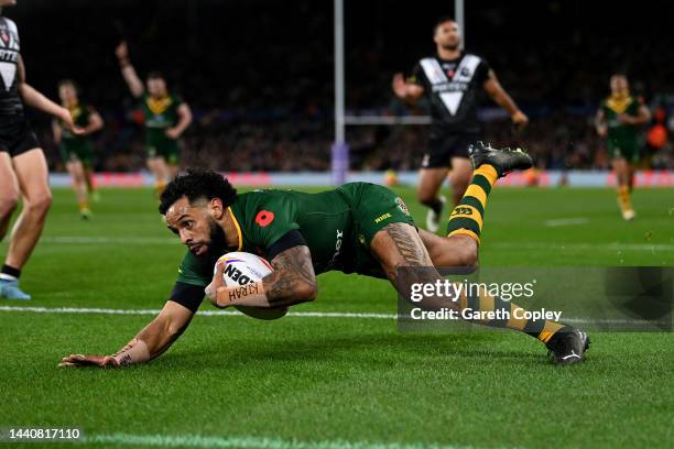 Josh Addo-Carr of Australia goes over to score their sides first try during the Rugby League World Cup Semi-Final match between Australia and New...