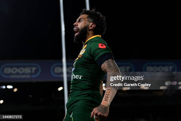 Josh Addo-Carr of Australia celebrates their sides first try during the Rugby League World Cup Semi-Final match between Australia and New Zealand at...