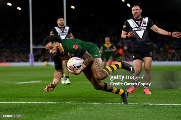 Josh Addo-Carr of Australia goes over to score their sides first try during the Rugby League World Cup Semi-Final match between Australia and New...