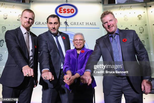 Daniel Sedin, Roberto Luongo, Bernice Carnegie and Daniel Alfredsson attend a press opportunity for their Hall induction at the Hockey Hall Of Fame...