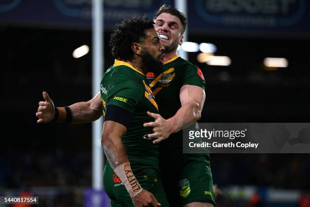 Josh Addo-Carr of Australia celebrates their sides first try during the Rugby League World Cup Semi-Final match between Australia and New Zealand at...