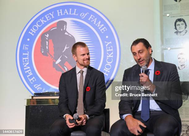 Daniel Sedin and Roberto Luongo attend a press opportunity for their Hall induction at the Hockey Hall Of Fame on November 11, 2022 in Toronto,...