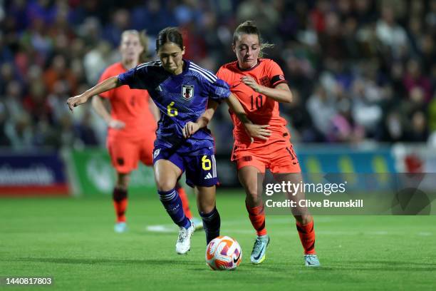 Ella Toone of England battles for possession with Fuka Nagano of Japan during the International Friendly between England and Japan at Pinatar Arena...