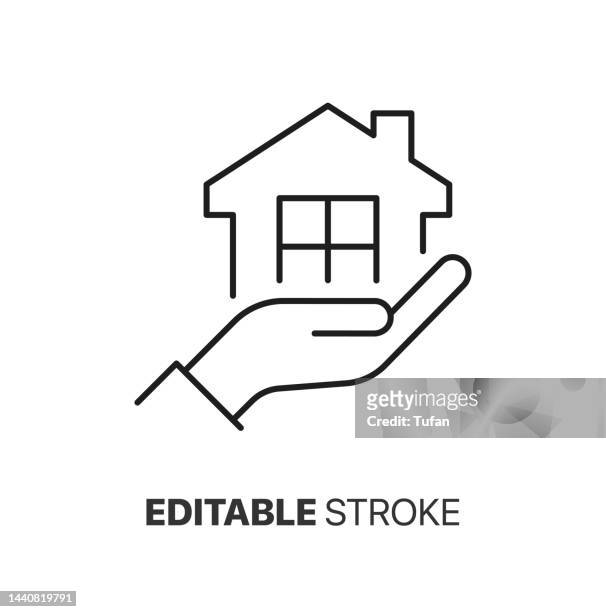 hand holding house icon. home care, real estate house on a hand vector - house viewing stock illustrations
