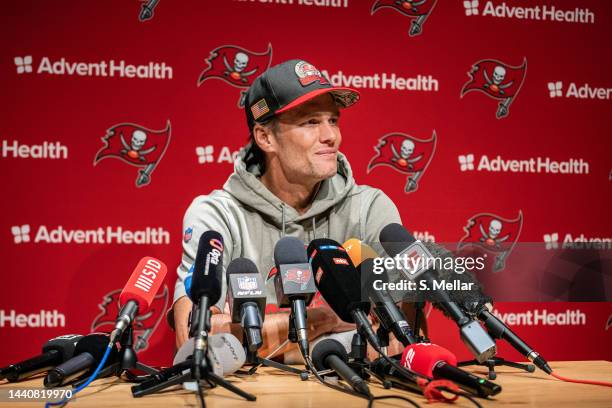 Tom Brady of the Tampa Bay Buccaneers speaks during a press conference at FC Bayern Campus on November 11, 2022 in Munich, Germany.