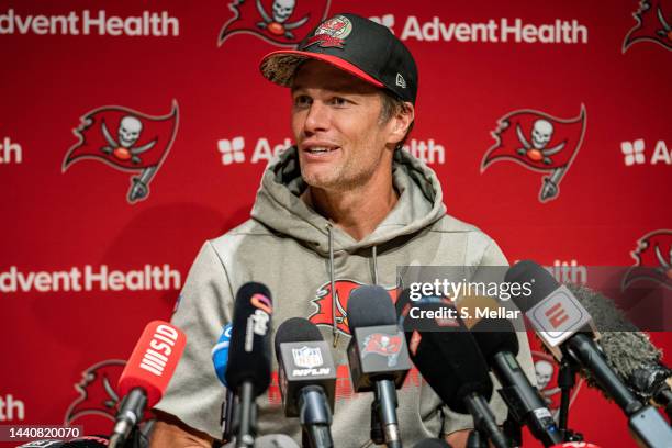 Tom Brady of the Tampa Bay Buccaneers speaks during a press conference at FC Bayern Campus on November 11, 2022 in Munich, Germany.