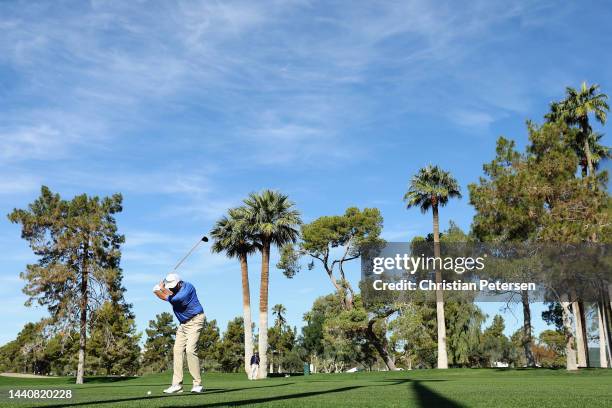 Ken Duke plays his second shot on the first hole during second round of the Charles Schwab Cup Championship at Phoenix Country Club on November 11,...