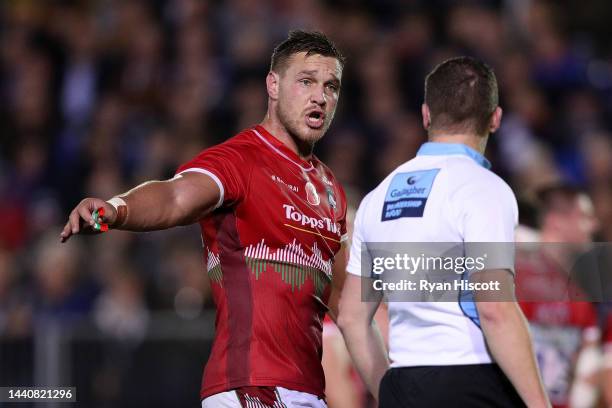 Hanro Liebenberg of Leicester Tigers speaks with Referee Tom Foley during the Gallagher Premiership Rugby match between Bath Rugby and Leicester...