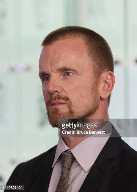 Daniel Sedin attends a press opportunity for his Hall induction at the Hockey Hall Of Fame on November 11, 2022 in Toronto, Ontario, Canada.