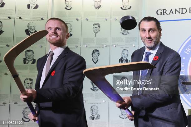 Daniel Sedin and Roberto Luongo attend a press opportunity for their Hall induction at the Hockey Hall Of Fame on November 11, 2022 in Toronto,...