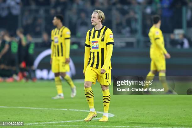 Julian Brandt of Borussia Dortmund looks dejected after conceding their side's fourth goal during the Bundesliga match between Borussia...