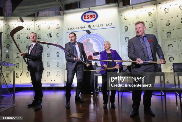 Daniel Sedin, Roberto Luongo, Bernice Carnegie and Daniel Alfredsson attend a press opportunity for their Hall induction at the Hockey Hall Of Fame...