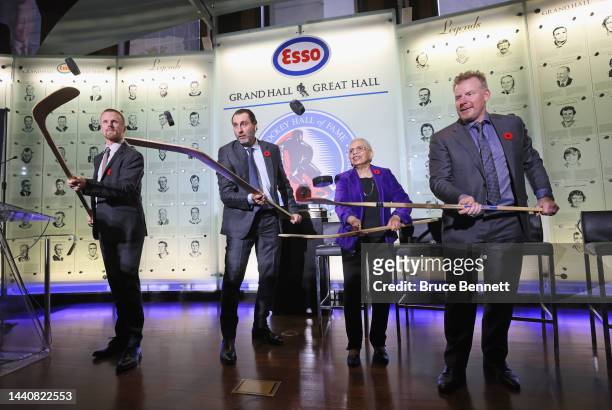 Daniel Sedin, Roberto Luongo, Bernice Carnegie and Daniel Alfredsson attend a press opportunity for their Hall induction at the Hockey Hall Of Fame...