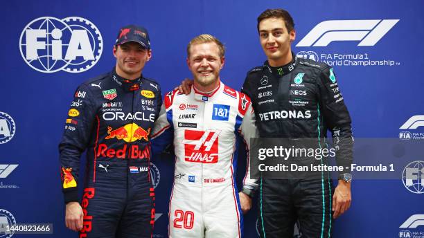 Pole position qualifier Kevin Magnussen of Denmark and Haas F1 , Second placed qualifier Max Verstappen of the Netherlands and Oracle Red Bull Racing...