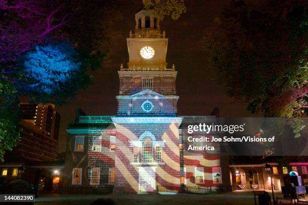 Projections of Betsy Ross Flag and US Constitution on outside of Independence Hall, Philadelphia, Pennsylvania