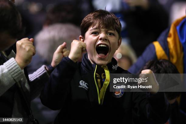 Fan of Bath Rugby celebrates after Ted Hill of Bath Rugby scores their side's first try during the Gallagher Premiership Rugby match between Bath...
