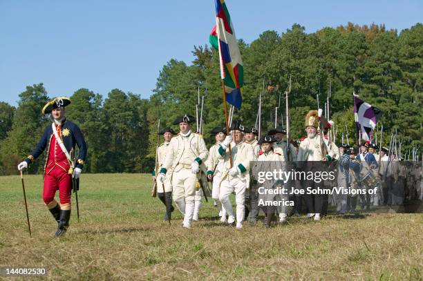 French on the march in re-enactment of Attack on Redoubts 9 & 10, where the major infantry action of the siege of Yorktown took place, General...