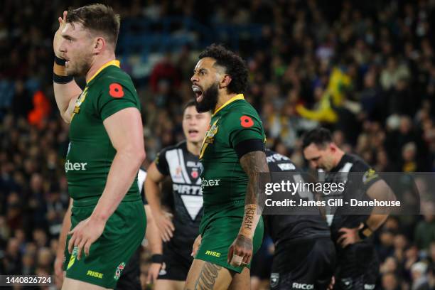 Josh Addo-Carr of Australia celebrates after scoring a try during the Rugby League World Cup Semi-Final match between Australia and New Zealand at...