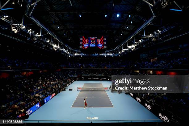 Brandon Nakashima of United States serves to Jack Draper of Great Britain during the semifinals on Day Four of the Next Gen ATP Finals at Allianz...