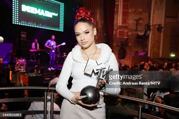 Badmómzjay aka Jordy Napieray poses with MTV Best German Act award at the Best German Act award Ceremony at Nachtresidenz during the MTV Europe Music...