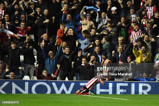 Amad Diallo of Sunderland celebrates scoring their side's second goal during the Sky Bet Championship between Birmingham City and Sunderland at St...