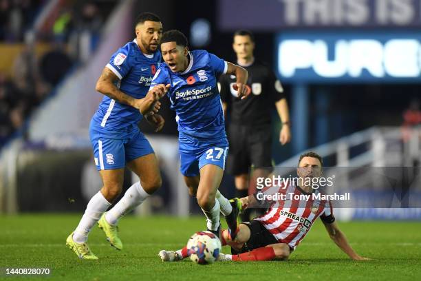 Jobe Bellingham of Birmingham City is tackled by Corry Evans of Sunderland during the Sky Bet Championship between Birmingham City and Sunderland at...