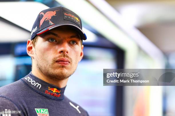 Max Verstappen of the Netherlands and Oracle Red Bull Racing looks on in the garage during qualifying ahead of the F1 Grand Prix of Brazil at...