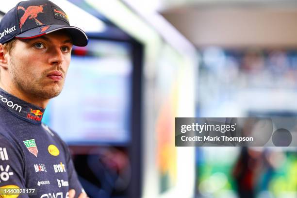 Max Verstappen of the Netherlands and Oracle Red Bull Racing looks on in the garage during qualifying ahead of the F1 Grand Prix of Brazil at...