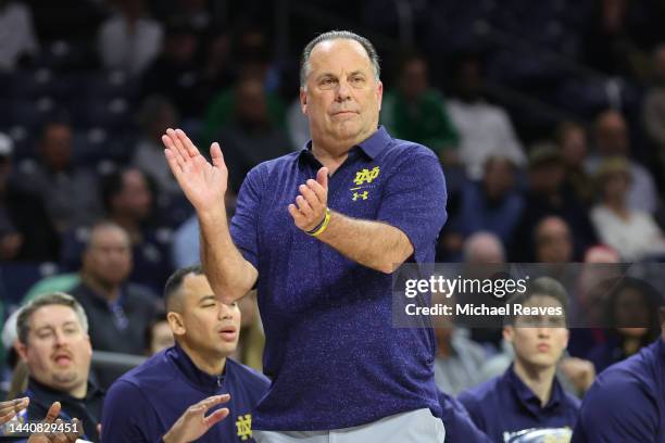 Head coach Mike Brey of the Notre Dame Fighting Irish looks on against the Radford Highlanders at the Purcell Pavilion at the Joyce Center on...