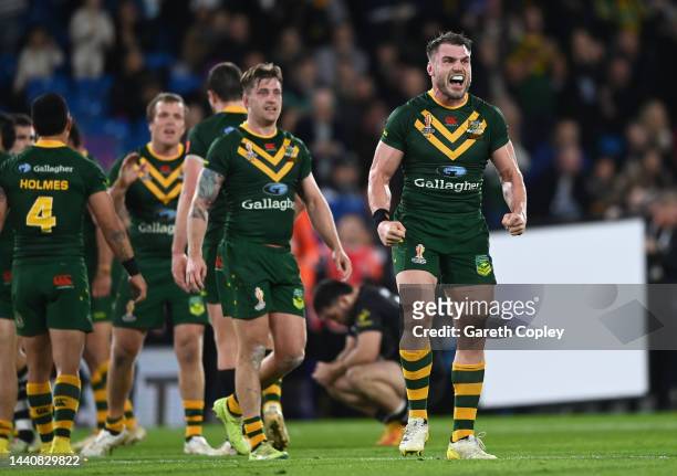 Angus Crichton of Australia celebrates following the Rugby League World Cup Semi-Final match between Australia and New Zealand at Elland Road on...