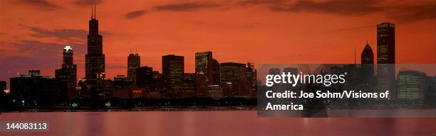 This is the complete Chicago skyline with the Chicago Harbor in the foreground, It is the view from the Adler Planetarium at sunset during summer,...