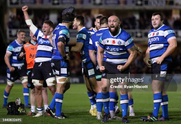 Tom Dunn of Bath Rugby celebrates as Referee Tom Foley awards their side's second try, scored by Will Butt after a TMO review during the Gallagher...